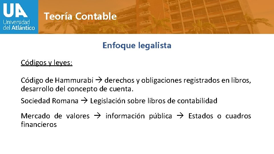 Teoría Contable Enfoque legalista Códigos y leyes: Código de Hammurabi derechos y obligaciones registrados