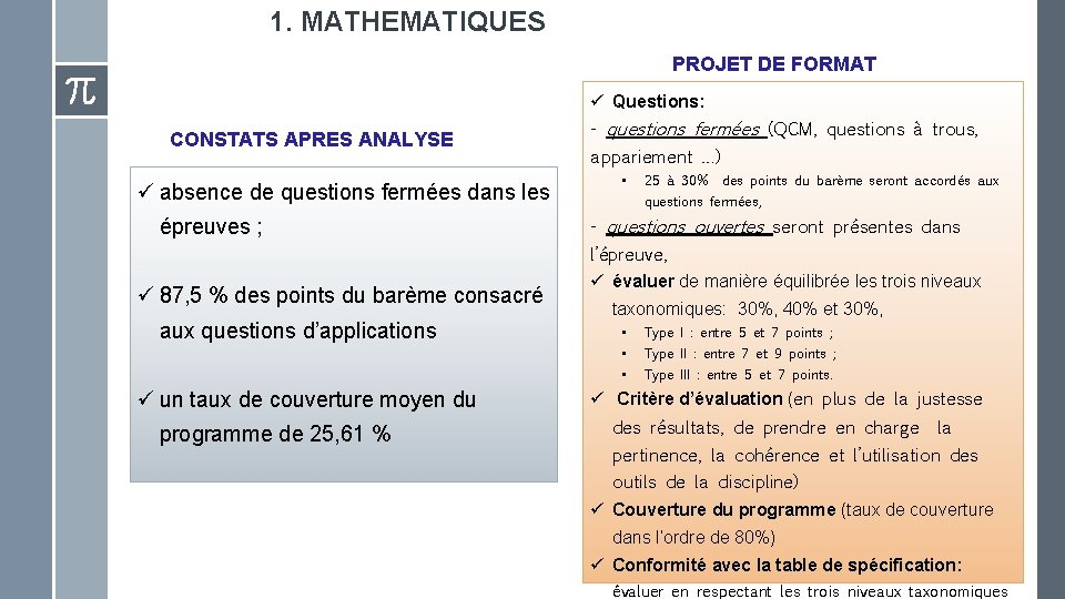 1. MATHEMATIQUES PROJET DE FORMAT ü Questions: CONSTATS APRES ANALYSE ü absence de questions