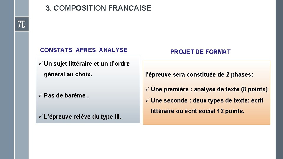 3. COMPOSITION FRANCAISE CONSTATS APRES ANALYSE PROJET DE FORMAT ü Un sujet littéraire et