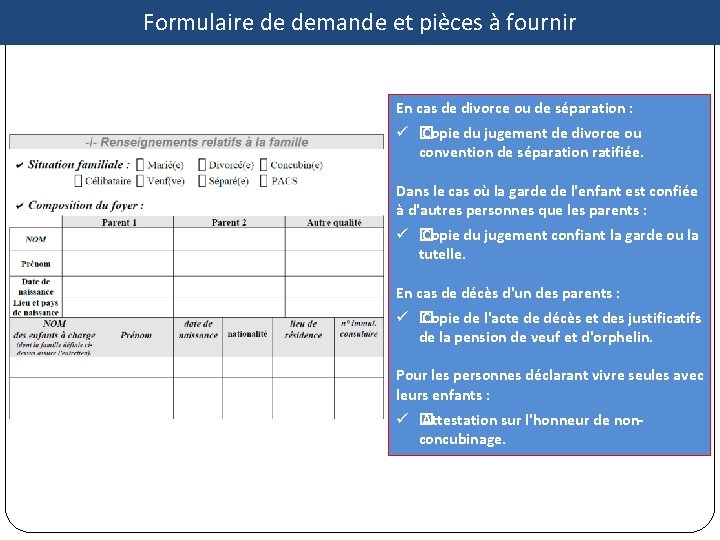 Formulaire de demande et pièces à fournir En cas de divorce ou de séparation