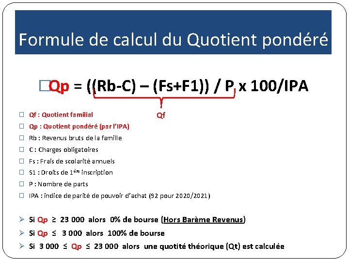 Formule de calcul du Quotient pondéré �Qp = ((Rb-C) – (Fs+F 1)) / P