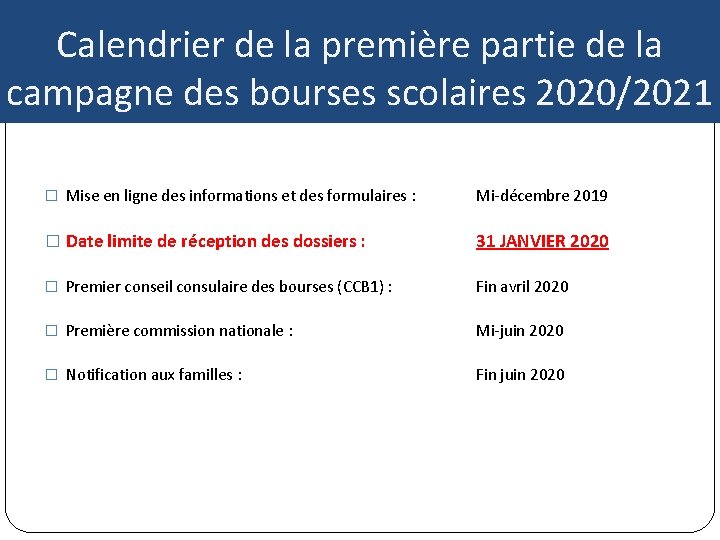 Calendrier de la première partie de la campagne des bourses scolaires 2020/2021 � Mise