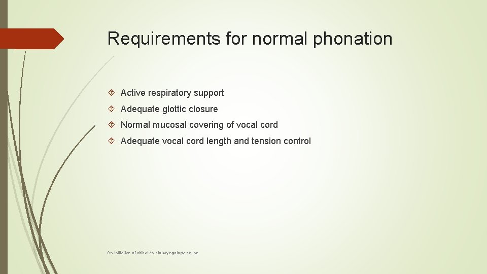 Requirements for normal phonation Active respiratory support Adequate glottic closure Normal mucosal covering of