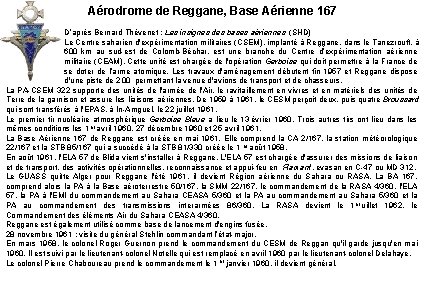 Aérodrome de Reggane, Base Aérienne 167 D’après Bernard Thévenet : Les insignes des bases