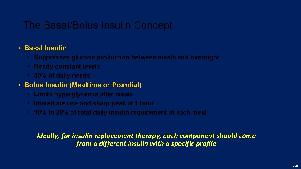 The Basal/Bolus Insulin Concept • Basal Insulin • Suppresses glucose production between meals and