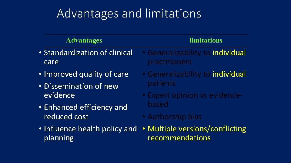 Advantages and limitations Advantages • Standardization of clinical care • Improved quality of care