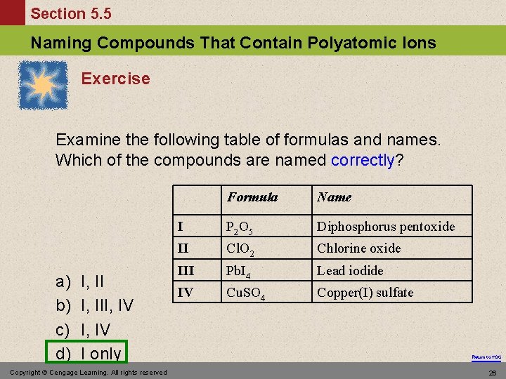 Section 5. 5 Naming Compounds That Contain Polyatomic Ions Exercise Examine the following table