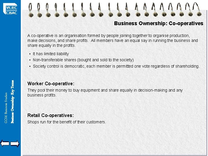 Business Ownership: Co-operatives A co-operative is an organisation formed by people joining together to