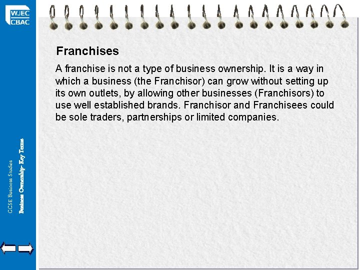Franchises GCSE Business Studies Business Ownership- Key Terms A franchise is not a type