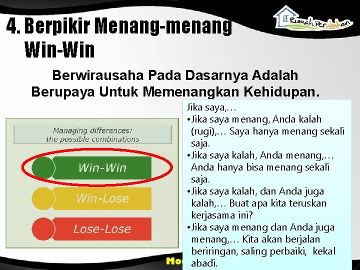 4. Berpikir Menang-menang Win-Win Berwirausaha Pada Dasarnya Adalah Berupaya Untuk Memenangkan Kehidupan. Jika saya,