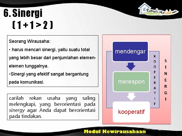 6. Sinergi (1+1>2) Seorang Wirausaha: • harus mencari sinergi, yaitu suatu total mendengar yang