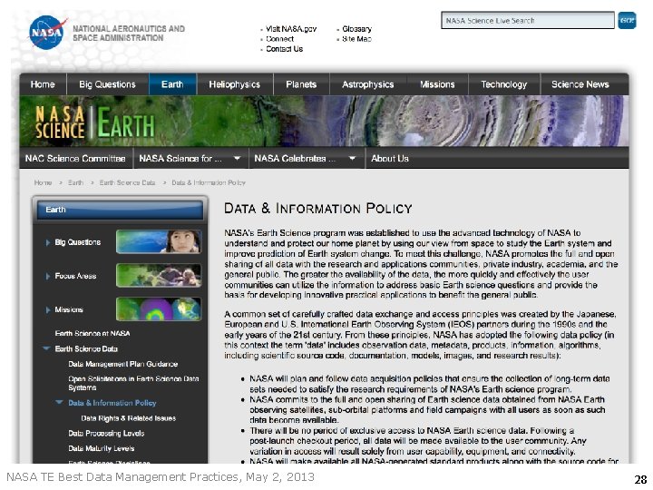 NASA TE Best Data Management Practices, May 2, 2013 28 