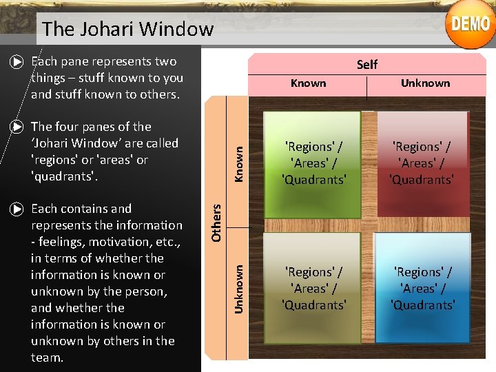 The Johari Window Each pane represents two things – stuff known to you and