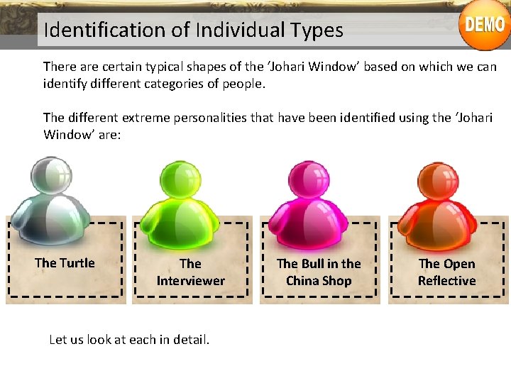 Identification of Individual Types There are certain typical shapes of the ‘Johari Window’ based