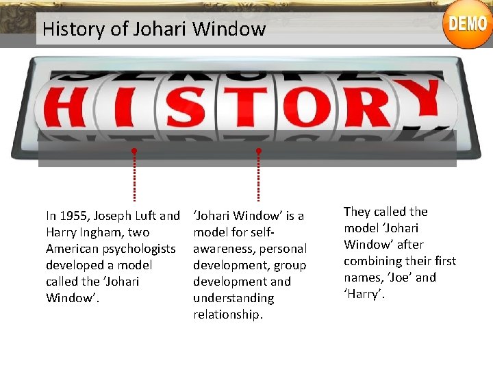 History of Johari Window • In 1955, Joseph Luft and Harry Ingham, two American