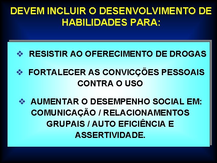 DEVEM INCLUIR O DESENVOLVIMENTO DE HABILIDADES PARA: v RESISTIR AO OFERECIMENTO DE DROGAS v