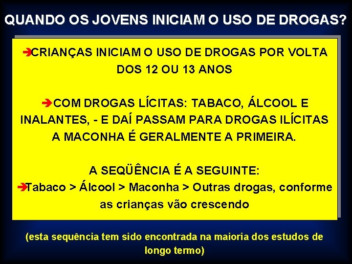 QUANDO OS JOVENS INICIAM O USO DE DROGAS? èCRIANÇAS INICIAM O USO DE DROGAS