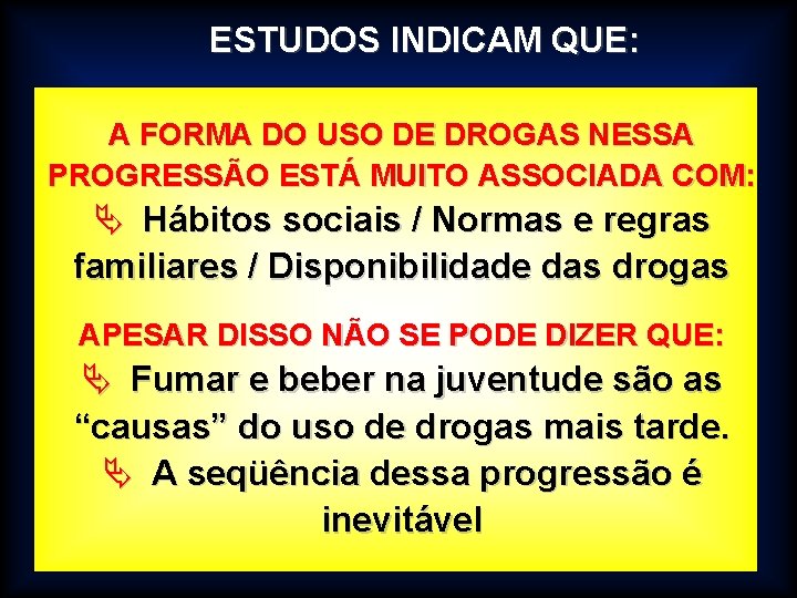 ESTUDOS INDICAM QUE: A FORMA DO USO DE DROGAS NESSA PROGRESSÃO ESTÁ MUITO ASSOCIADA