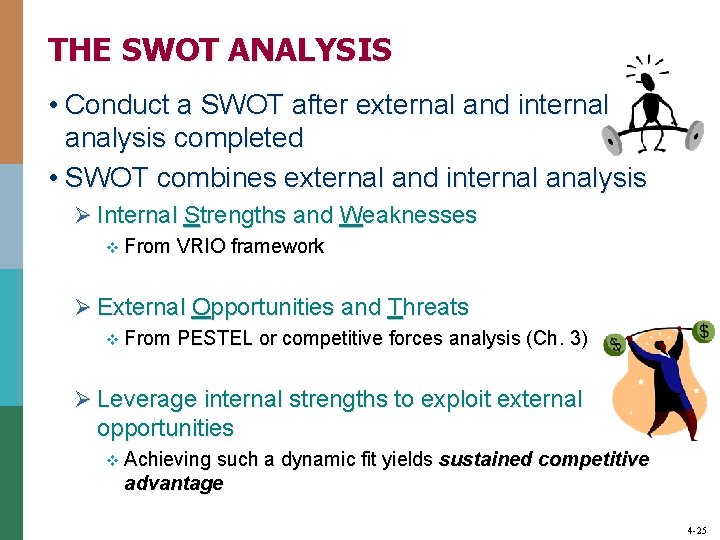 THE SWOT ANALYSIS • Conduct a SWOT after external and internal analysis completed •