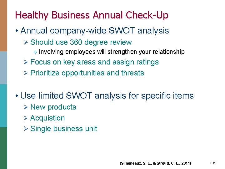 Healthy Business Annual Check-Up • Annual company-wide SWOT analysis Ø Should use 360 degree