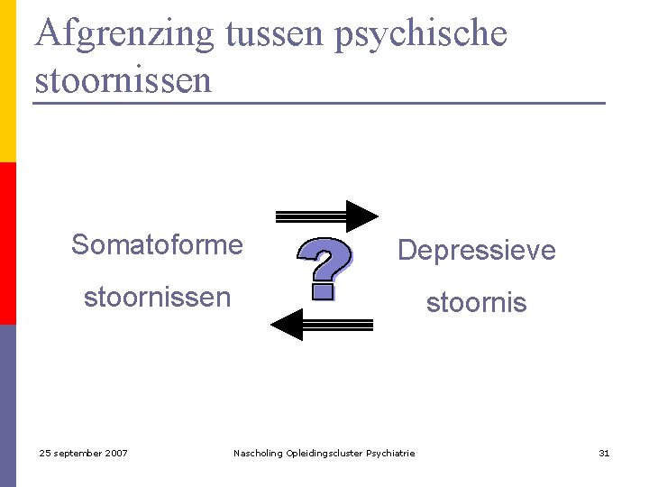 Afgrenzing tussen psychische stoornissen Somatoforme Depressieve stoornissen stoornis 25 september 2007 Nascholing Opleidingscluster Psychiatrie