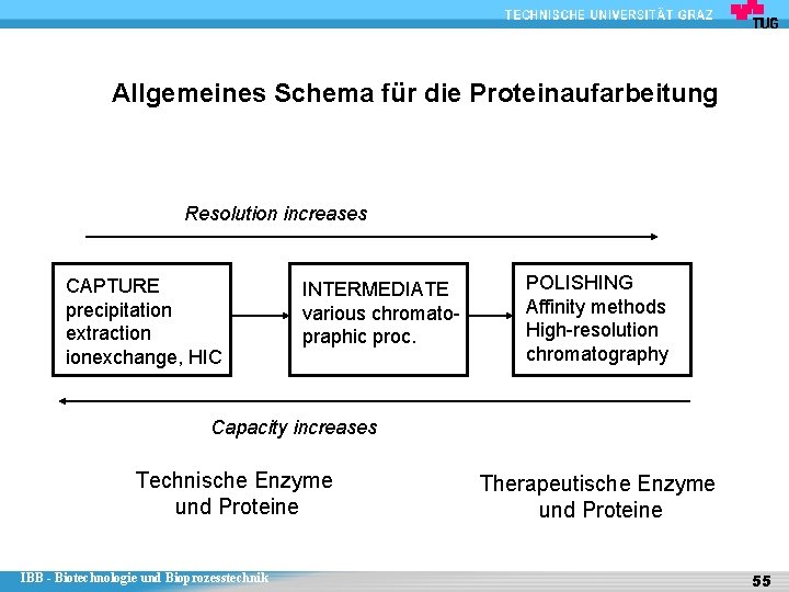 Allgemeines Schema für die Proteinaufarbeitung Resolution increases CAPTURE precipitation extraction ionexchange, HIC INTERMEDIATE various