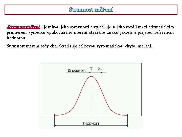 Strannost měření – je mírou jeho správnosti a vyjadřuje se jako rozdíl mezi aritmetickým