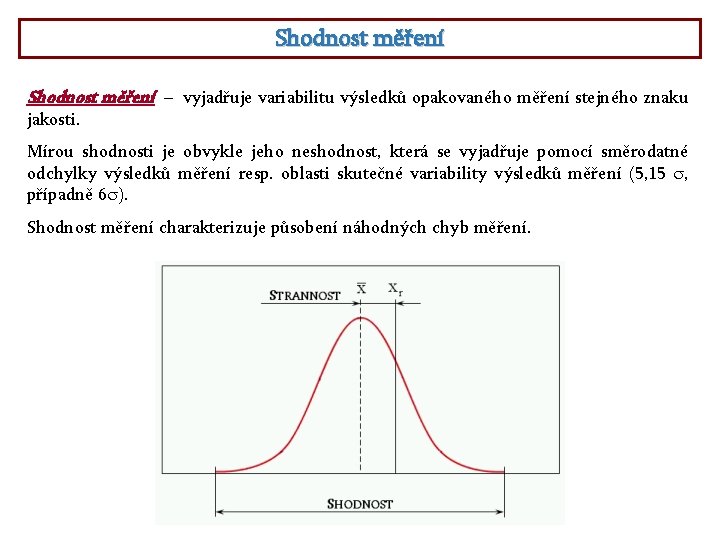 Shodnost měření – vyjadřuje variabilitu výsledků opakovaného měření stejného znaku jakosti. Mírou shodnosti je