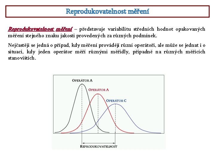 Reprodukovatelnost měření – představuje variabilitu středních hodnot opakovaných měření stejného znaku jakosti provedených za