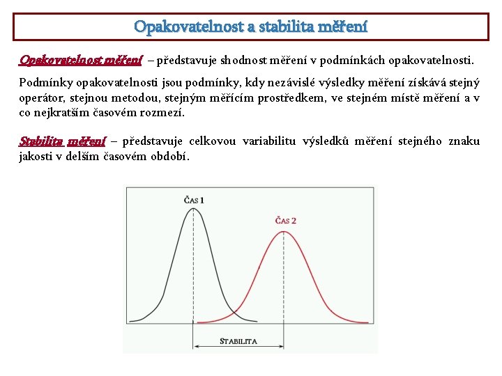 Opakovatelnost a stabilita měření Opakovatelnost měření – představuje shodnost měření v podmínkách opakovatelnosti. Podmínky