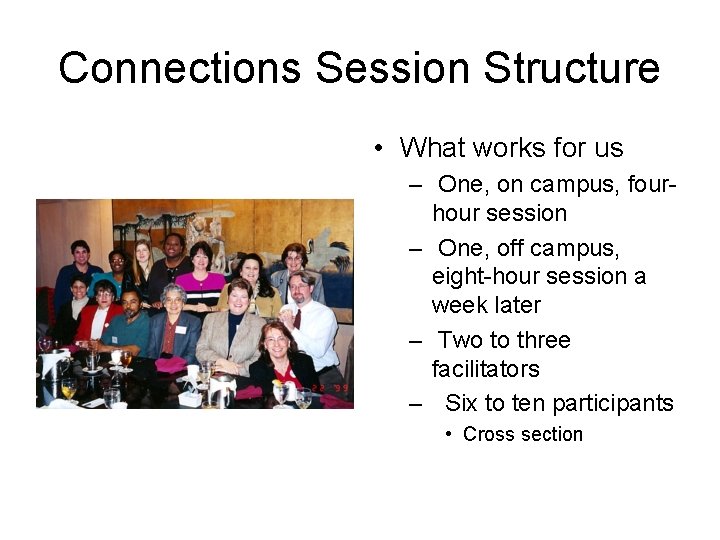 Connections Session Structure • What works for us – One, on campus, fourhour session