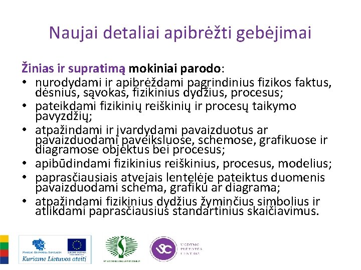 Naujai detaliai apibrėžti gebėjimai Žinias ir supratimą mokiniai parodo: • nurodydami ir apibrėždami pagrindinius