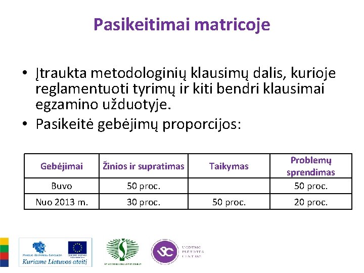 Pasikeitimai matricoje • Įtraukta metodologinių klausimų dalis, kurioje reglamentuoti tyrimų ir kiti bendri klausimai