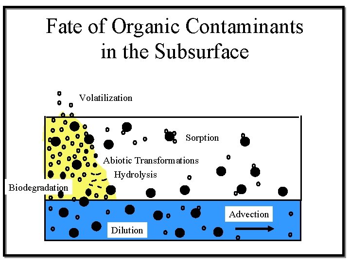Fate of Organic Contaminants in the Subsurface Volatilization Sorption Abiotic Transformations Hydrolysis Biodegradation Advection