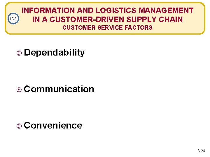 LO 3 INFORMATION AND LOGISTICS MANAGEMENT IN A CUSTOMER-DRIVEN SUPPLY CHAIN CUSTOMER SERVICE FACTORS