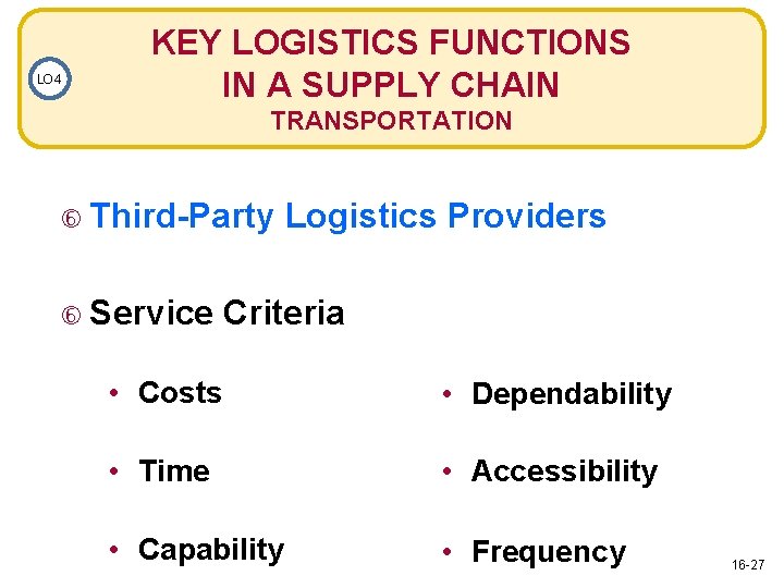 LO 4 KEY LOGISTICS FUNCTIONS IN A SUPPLY CHAIN TRANSPORTATION Third-Party Service Logistics Providers