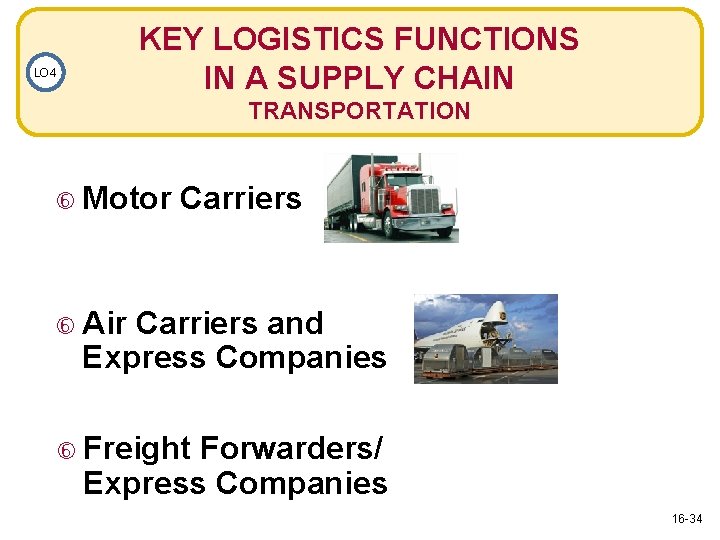 KEY LOGISTICS FUNCTIONS IN A SUPPLY CHAIN LO 4 TRANSPORTATION Motor Carriers Air Carriers