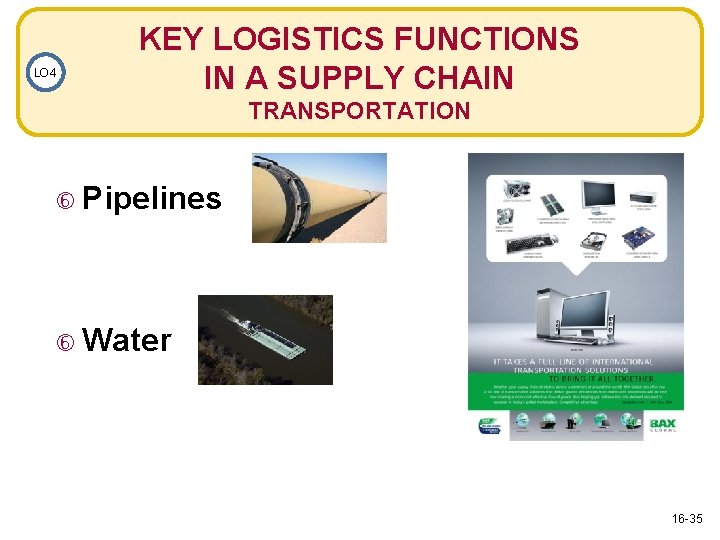 LO 4 KEY LOGISTICS FUNCTIONS IN A SUPPLY CHAIN TRANSPORTATION Pipelines Water 16 -35
