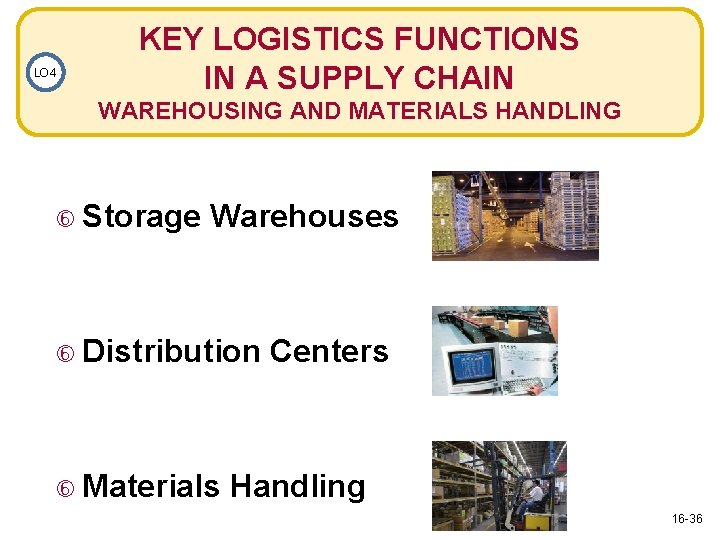 LO 4 KEY LOGISTICS FUNCTIONS IN A SUPPLY CHAIN WAREHOUSING AND MATERIALS HANDLING Storage