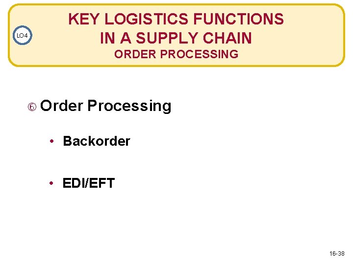 LO 4 KEY LOGISTICS FUNCTIONS IN A SUPPLY CHAIN ORDER PROCESSING Order Processing •