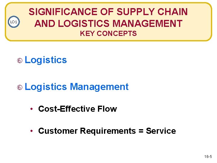 LO 1 SIGNIFICANCE OF SUPPLY CHAIN AND LOGISTICS MANAGEMENT KEY CONCEPTS Logistics Management •