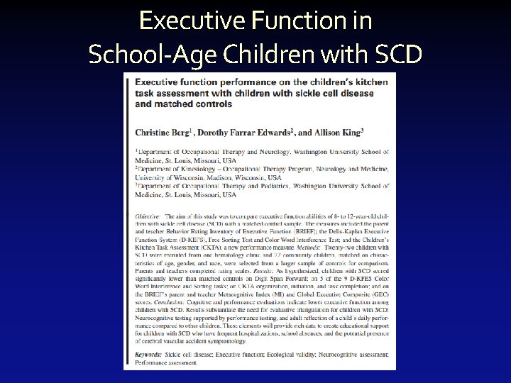 Executive Function in School-Age Children with SCD 