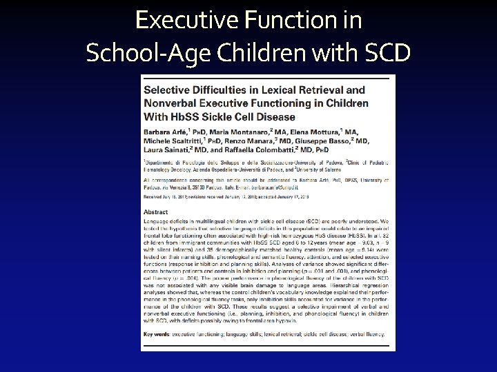 Executive Function in School-Age Children with SCD 