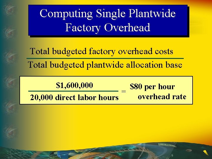 Computing Single Plantwide Factory Overhead Total budgeted factory overhead costs Total budgeted plantwide allocation