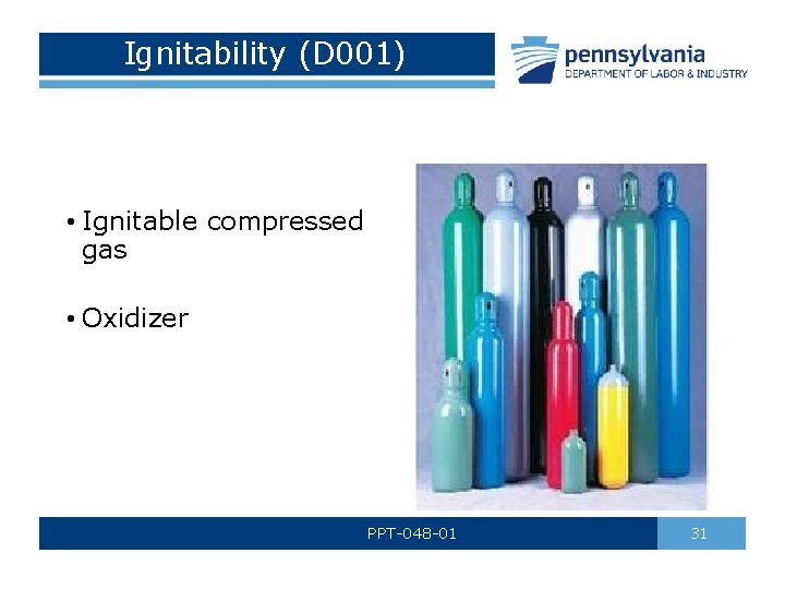 Ignitability (D 001) • Ignitable compressed gas • Oxidizer PPT-048 -01 31 