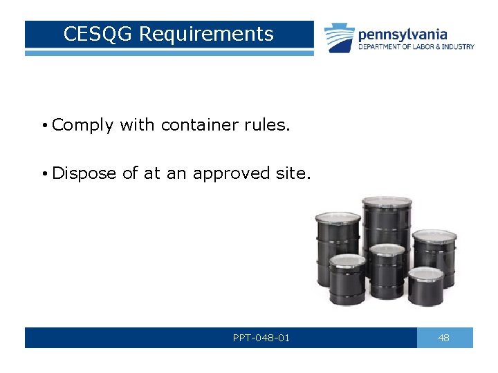 CESQG Requirements • Comply with container rules. • Dispose of at an approved site.