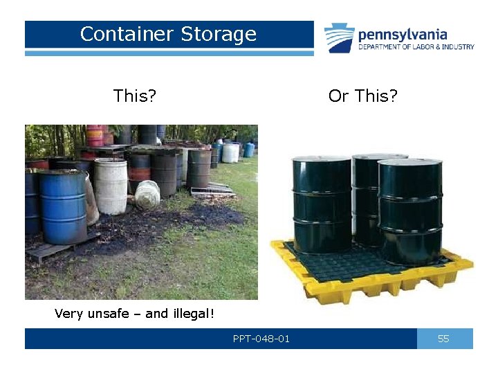 Container Storage This? Or This? Very unsafe – and illegal! PPT-048 -01 55 