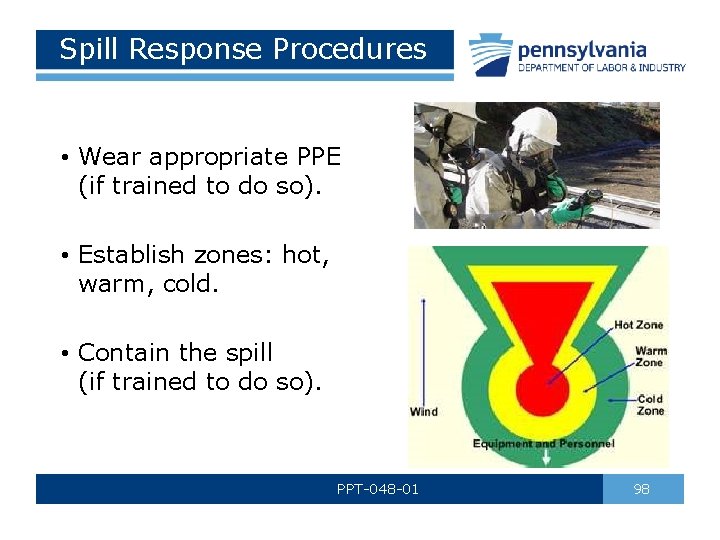 Spill Response Procedures • Wear appropriate PPE (if trained to do so). • Establish