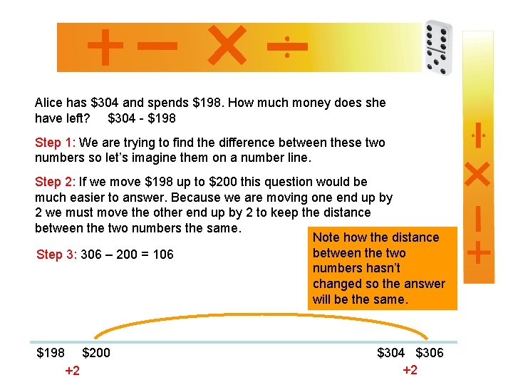 Alice has $304 and spends $198. How much money does she have left? $304