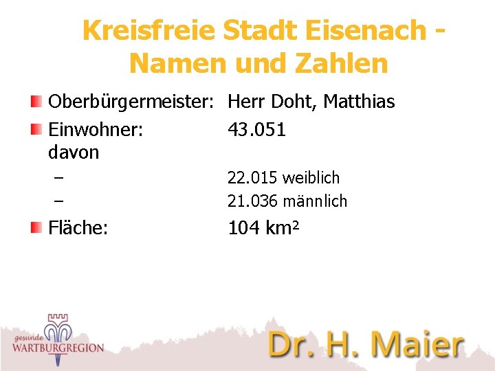 Kreisfreie Stadt Eisenach Namen und Zahlen Oberbürgermeister: Herr Doht, Matthias Einwohner: 43. 051 davon